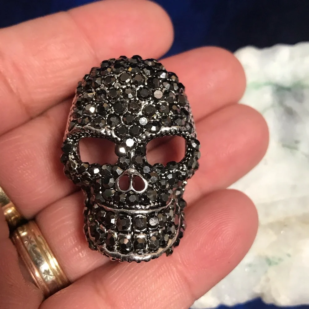 Chrome silver rhinestone skull brooch